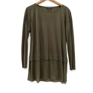 Eileen Fisher Stretch Silk Jersey Tunic Top Sheer Hem Olive Green Small EUC